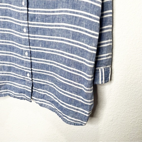 New Garnet Hill Easy Linen Tunic Button Up Shirt Blue Coast Stripe Petite - Picture 6 of 11